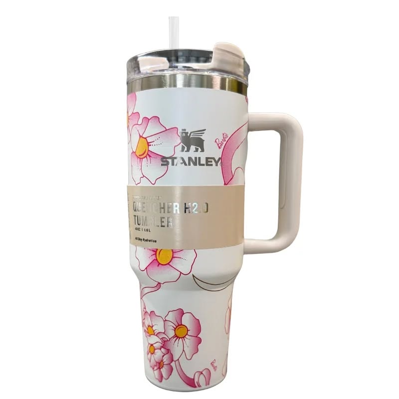 40oz Floral Stainless Steel Insulated Tumbler with Handle & Straw