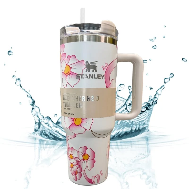 40oz Floral Stainless Steel Insulated Tumbler with Handle & Straw