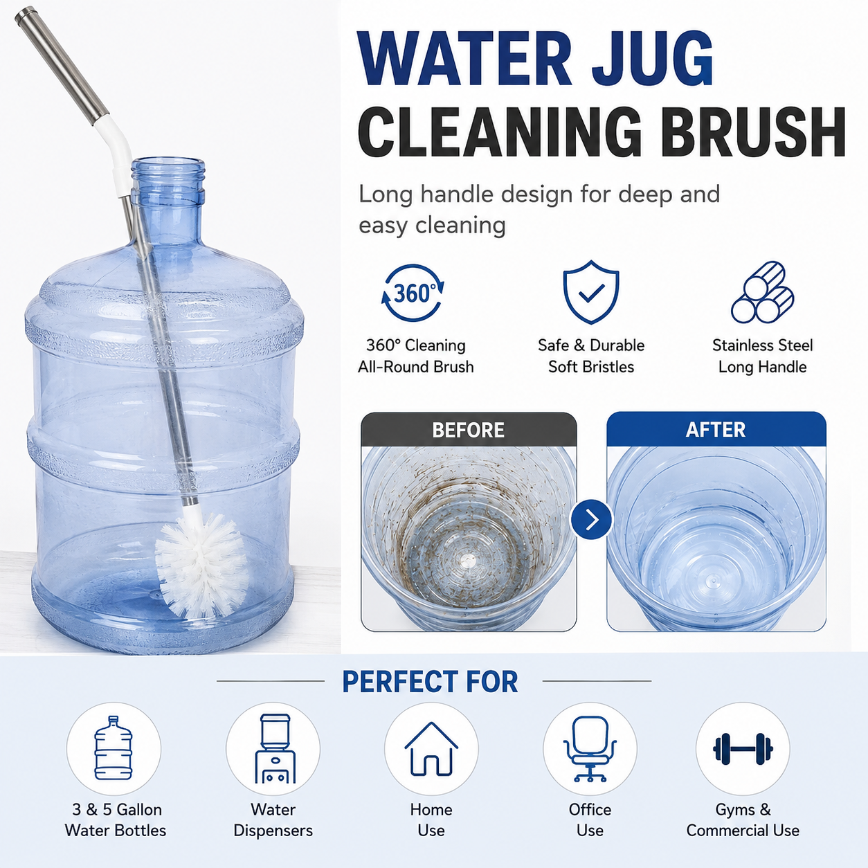 Long Handle Bottle Cleaning Brush for 3 & 5 Gallon Water Dispensers